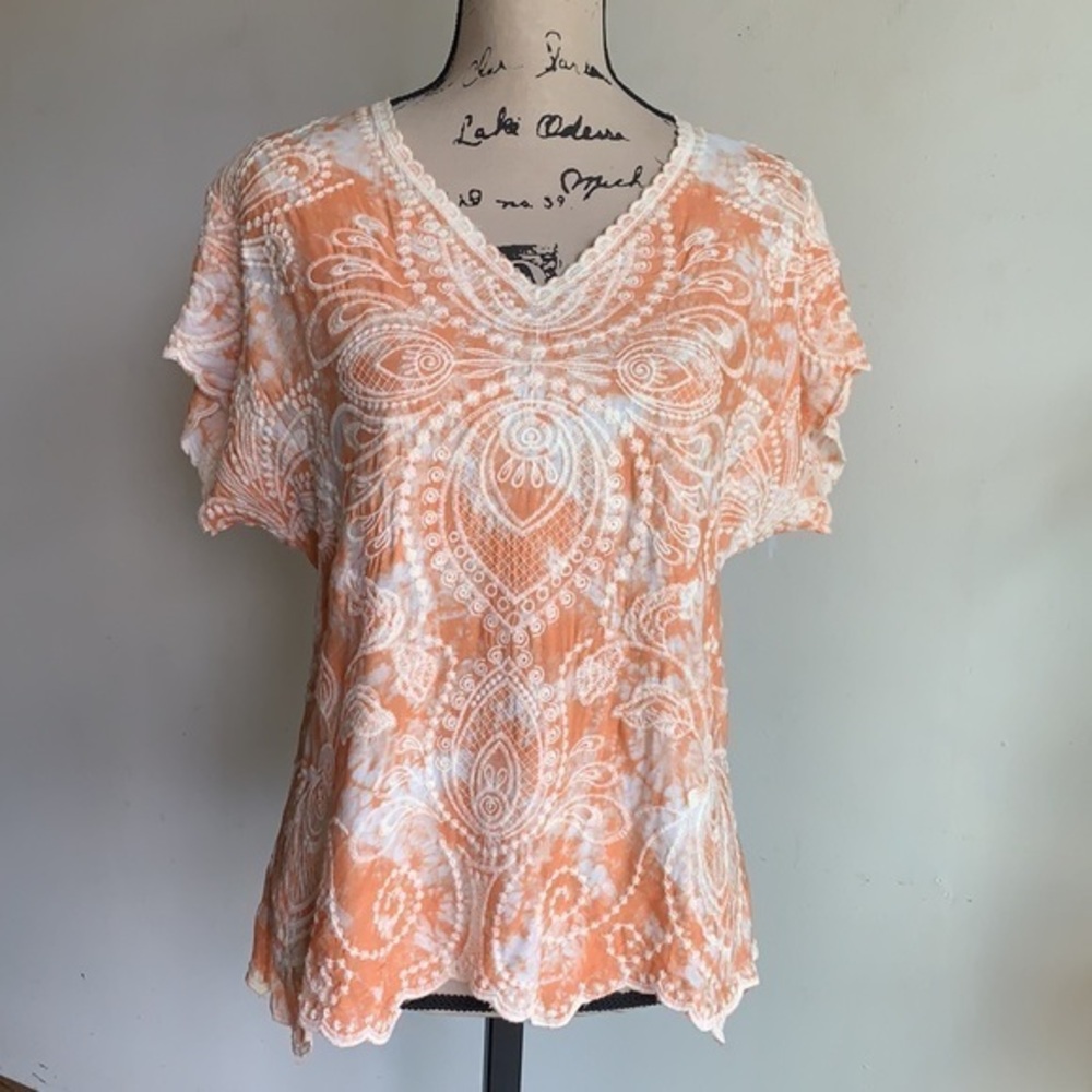 Solitaire Embroidered Peaches And Cream Scalloped Trim Top Blouse